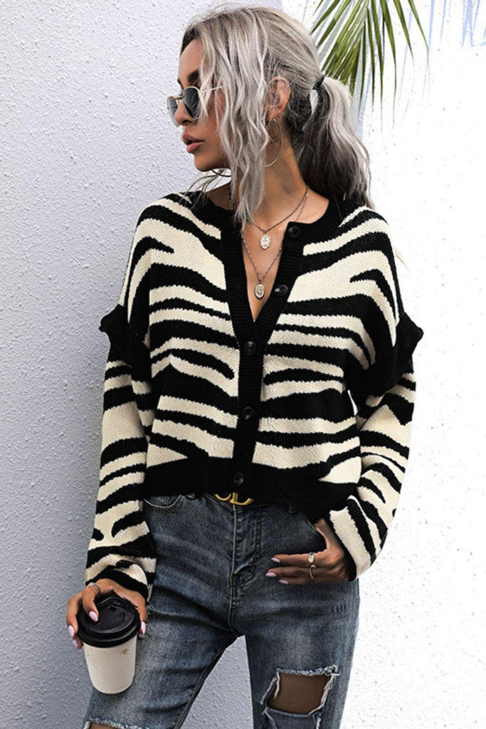 Striped Button-Down Round Neck Drop Shoulder Cardigan - 1 New Age Outlet