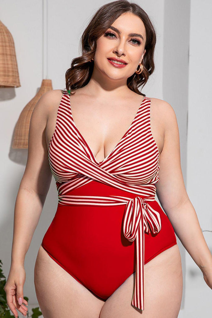 Plus Size Striped Tie-Waist One-Piece Swimsuit - 1 New Age Outlet
