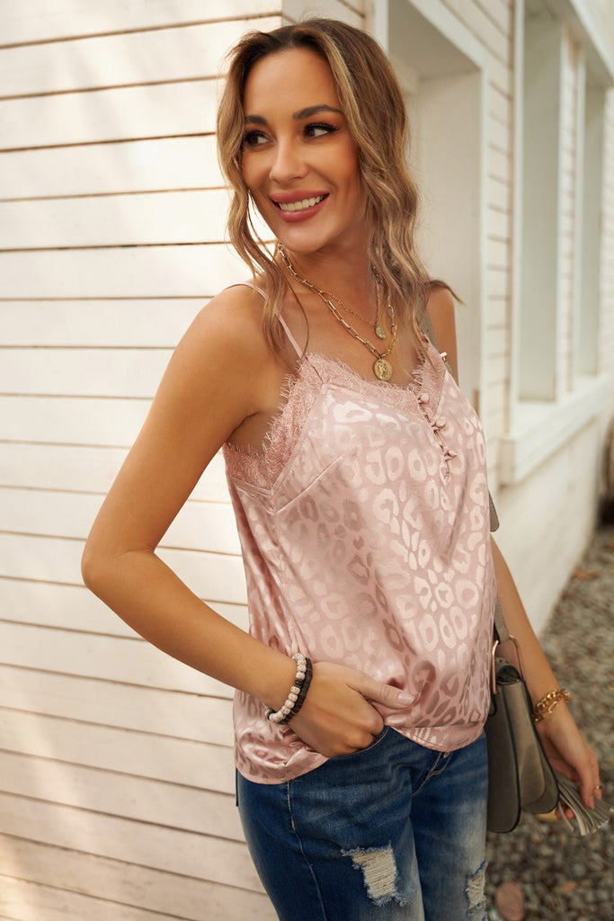Leopard Eyelash Trim Buttoned Cami – 1 New Age Outlet
