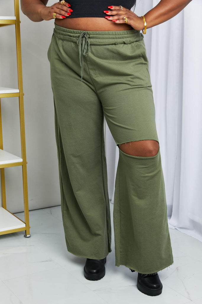 Zenana Full Size Drawstring Waist Distressed Wide Leg Pants in LT Olive - 1 New Age Outlet