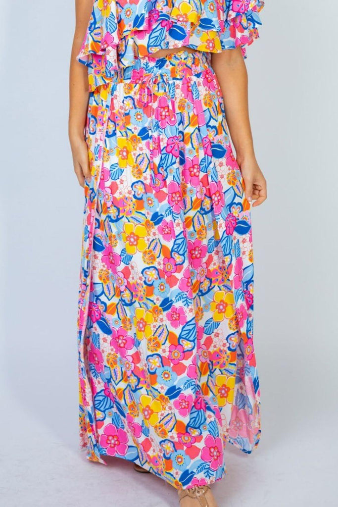 White Birch Sunshine & Blossoms Full Size Floral Smocked Maxi Skirt - 1 New Age Outlet