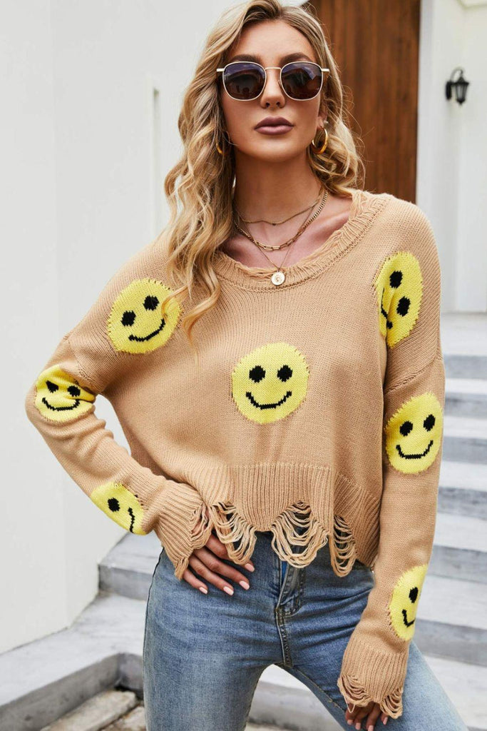 Smiley Face Distressed Round Neck Sweater - 1 New Age Outlet