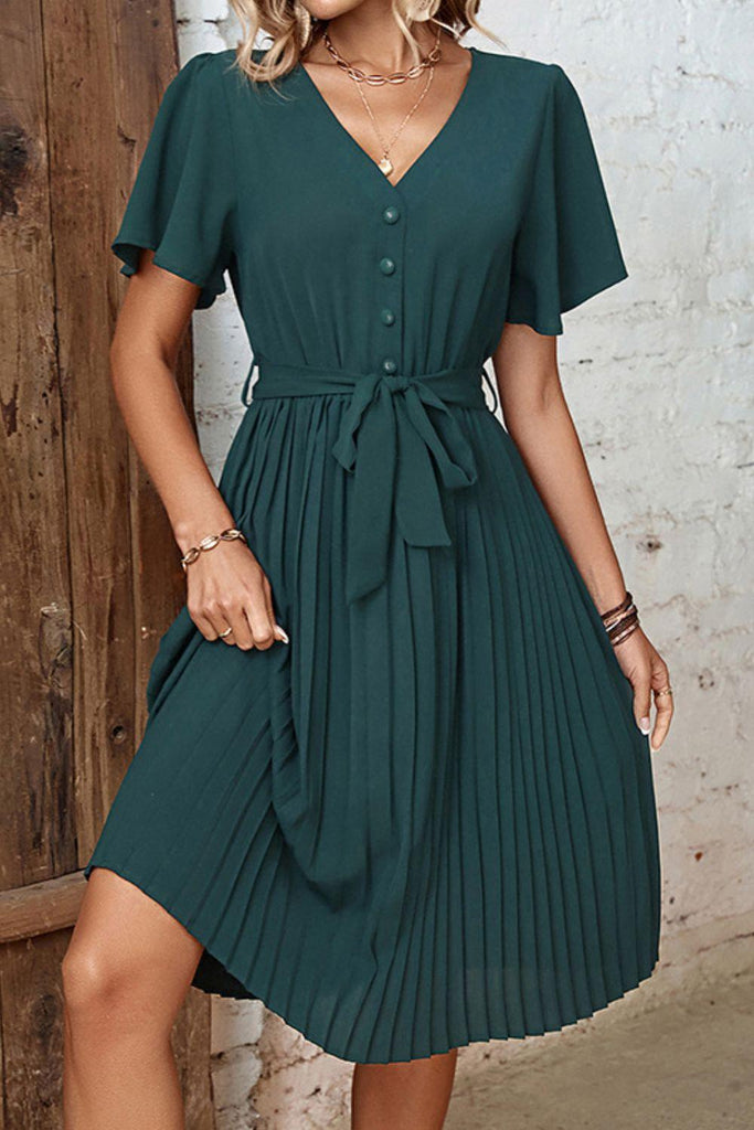 Buttoned V-Neck Flutter Sleeve Pleated Dress - 1 New Age Outlet