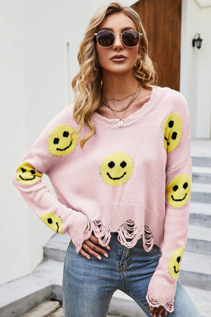 Smiley Face Distressed Round Neck Sweater - 1 New Age Outlet