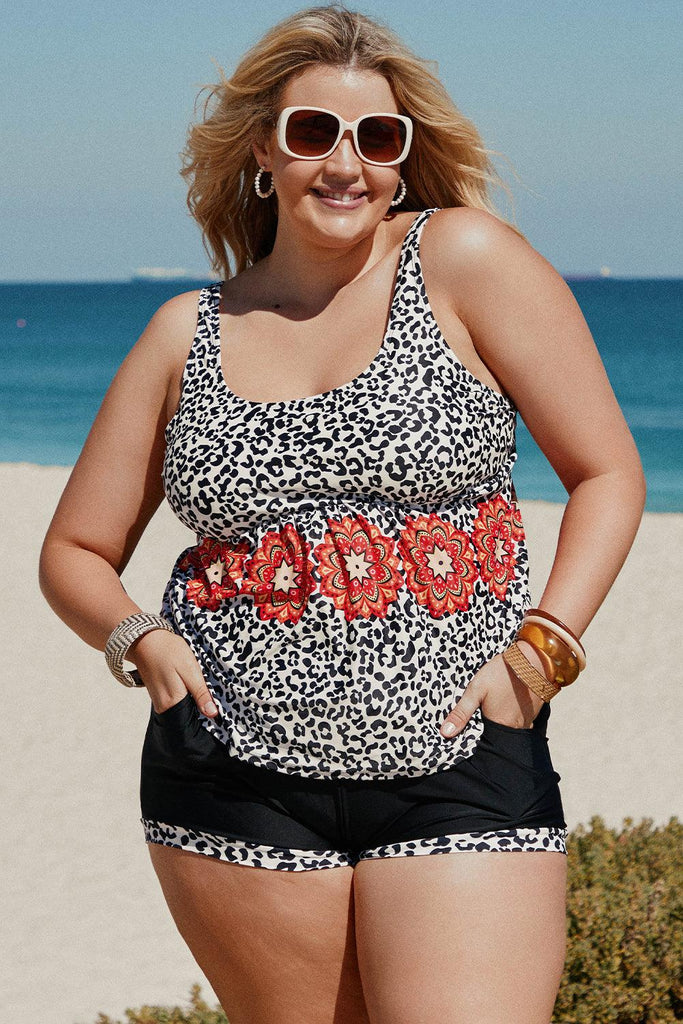 Plus Size Mixed Print Tankini Set with Pockets - 1 New Age Outlet