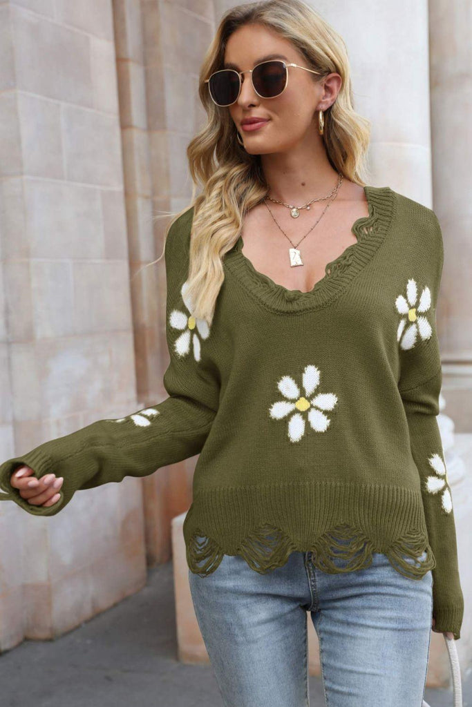 Flower Distressed Ribbed Trim Sweater - 1 New Age Outlet