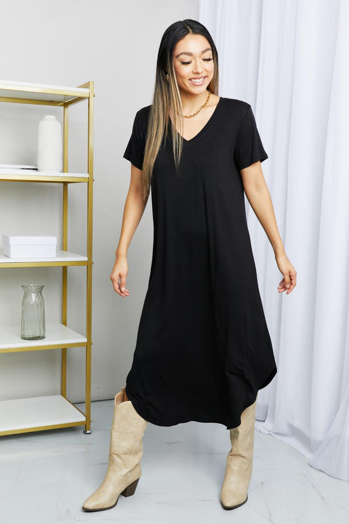 HYFVE V-Neck Short Sleeve Curved Hem Dress in Black - 1 New Age Outlet