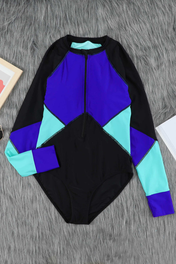 Color Block Half Zip Long Sleeve One-Piece Swimsuit - 1 New Age Outlet