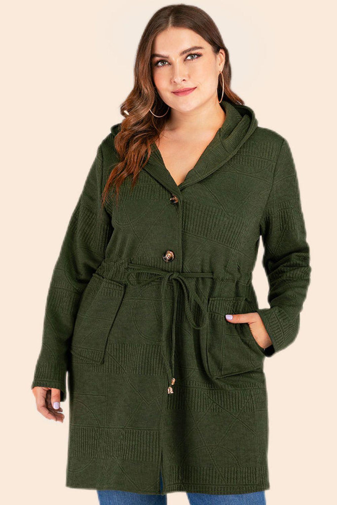 Plus Size Drawstring Waist Hooded Cardigan with Pockets - 1 New Age Outlet
