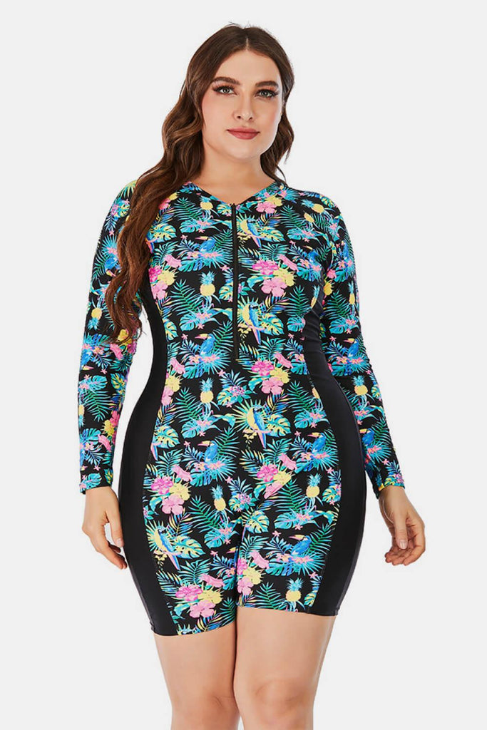 Plus Size Floral Zip Up  Long Sleeve Short Wetsuit - 1 New Age Outlet