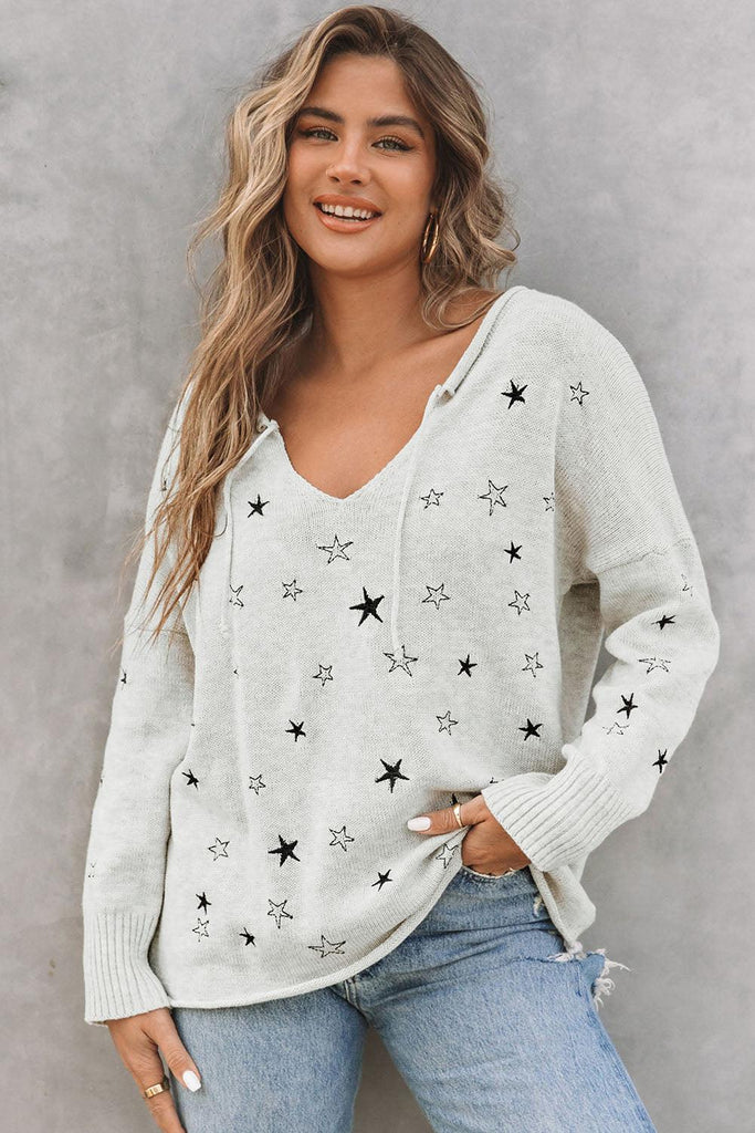 Star V-Neck Roll Hem Drop Shoulder Sweater - 1 New Age Outlet
