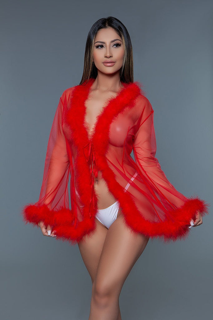 Sheer Short Length Robe With Marabou Feather Trim. Includes Thong