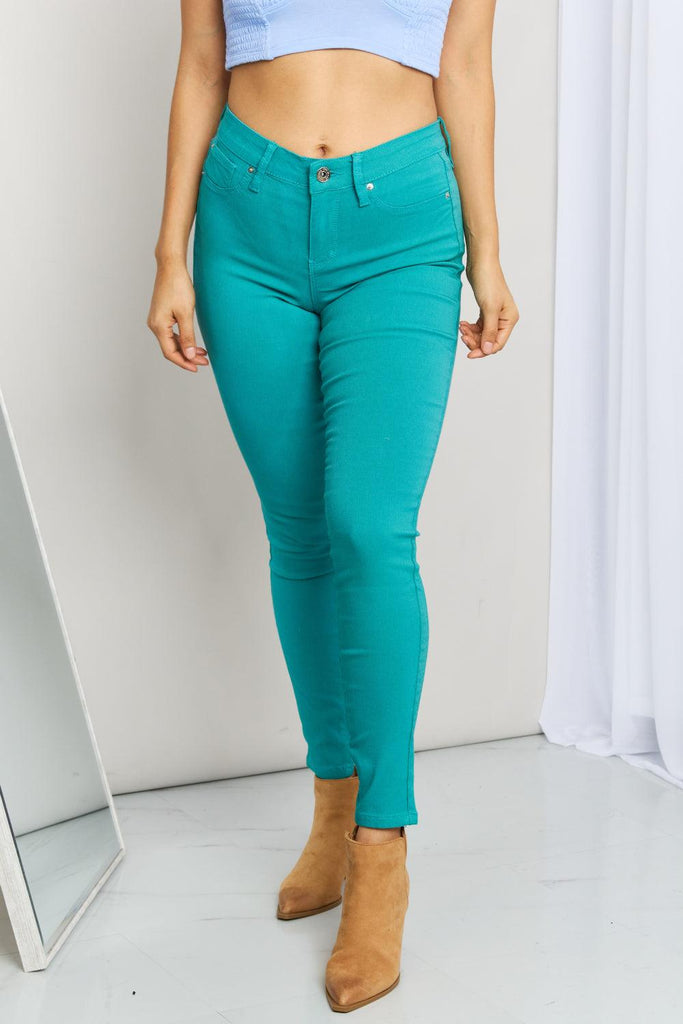 YMI Jeanswear Kate Hyper-Stretch Full Size Mid-Rise Skinny Jeans in Sea Green - 1 New Age Outlet