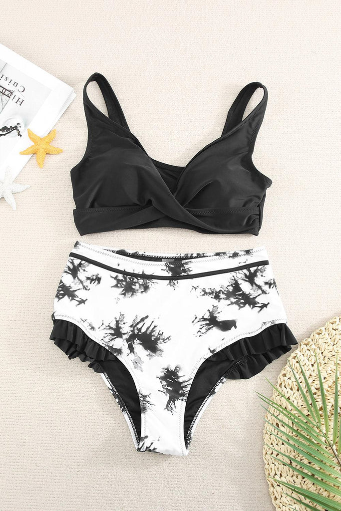 Two-Tone Crisscross Frill Trim Two-Piece Swimsuit - 1 New Age Outlet