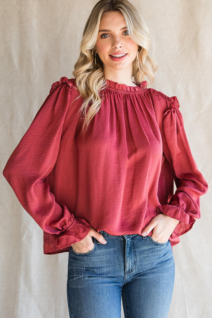 Frilled Neck Long Flounce Sleeve Blouse - 1 New Age Outlet