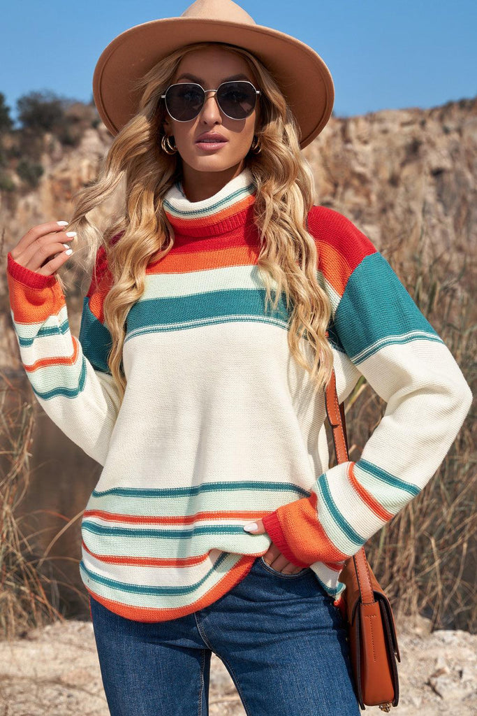 Striped Turtleneck Drop Shoulder Sweater - 1 New Age Outlet