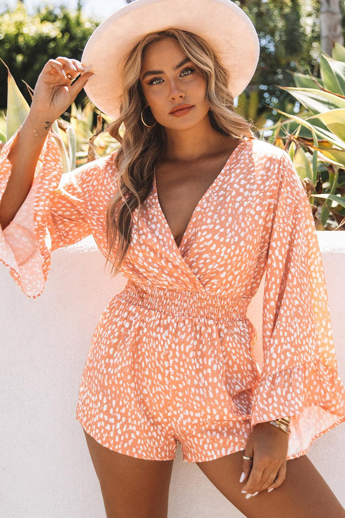 Printed Flare Sleeve Surplice Romper - 1 New Age Outlet