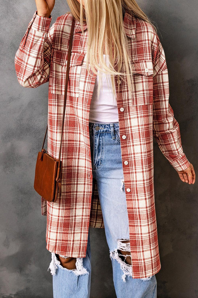 Plaid Button-Up Longline Shacket with Breast Pockets - 1 New Age Outlet