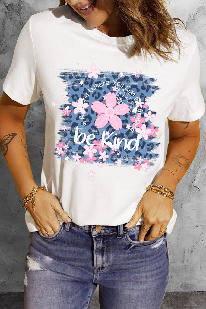 Camiseta de cuello redondo con gráfico floral de leopardo